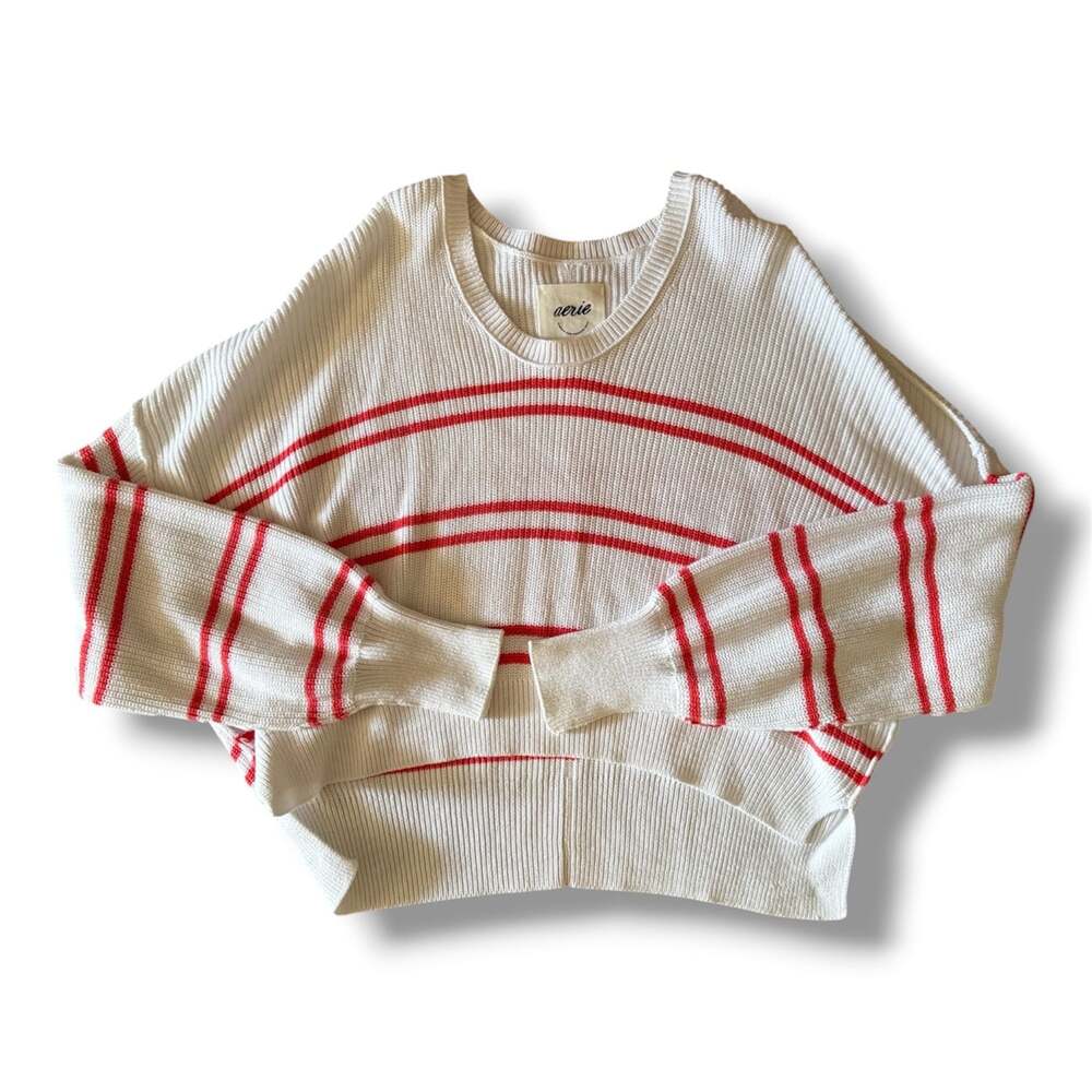 Aerie Beyond Cropped Striped Pullover Sweater White  and Orange